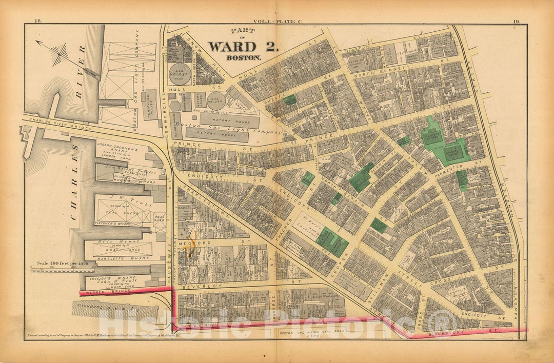 Historic Map : Atlas of County of Suffolk, MA Vol. 1 including Boston Proper, Boston 1874 Plate C , Vintage Wall Art