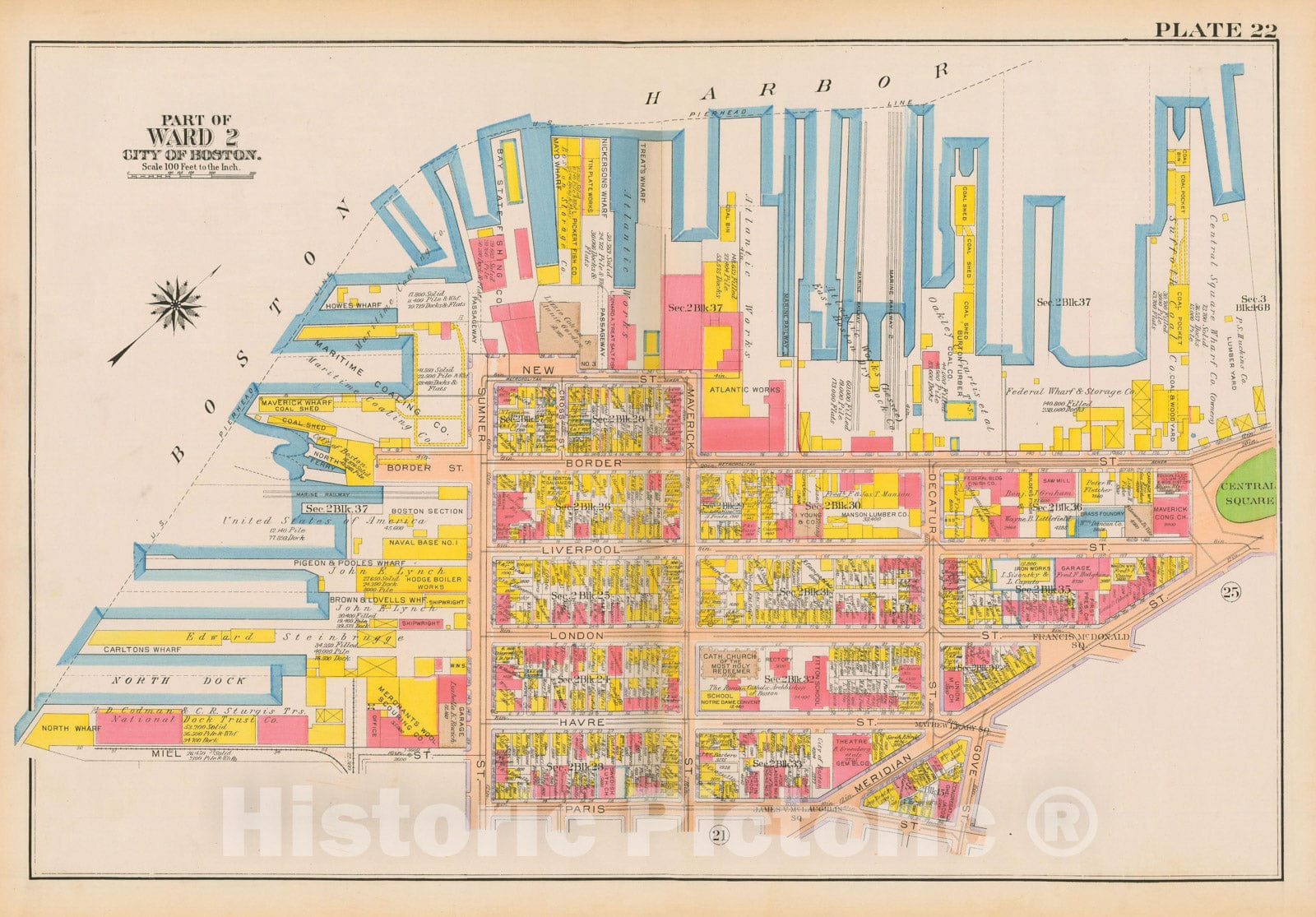 Historic Map : Atlas City of Boston: Charlestown and East Boston, East Boston 1922 Plate 022 , Vintage Wall Art