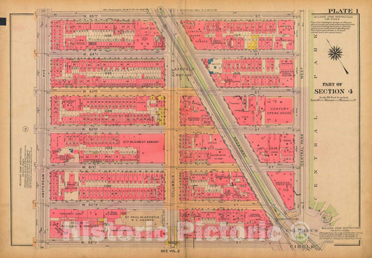 Historic Map : Atlas City of New York, Borough of Manhattan, Volume 3, 59th St to 110th St, Manhattan 1921 Plate 001 , Vintage Wall Art