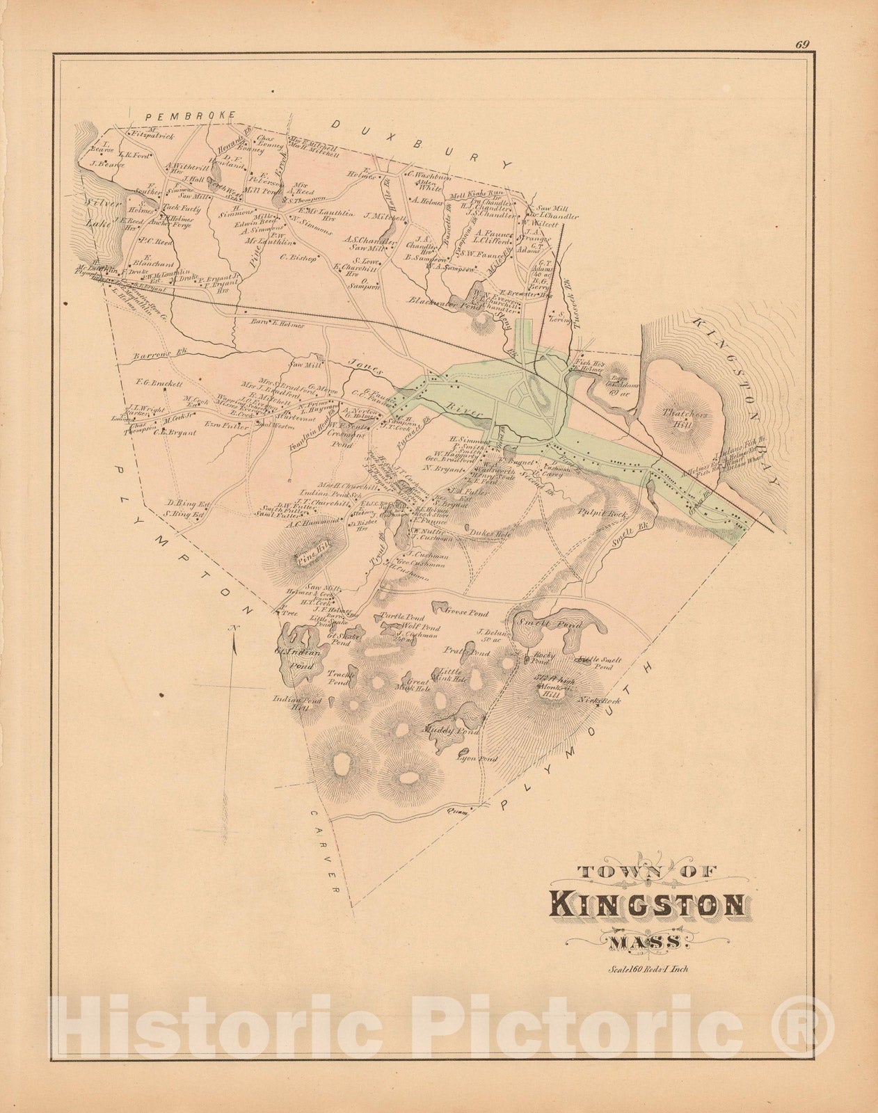 Historic Map : Atlas of Plymouth County Massachusetts, Kingston 1879 , Vintage Wall Art