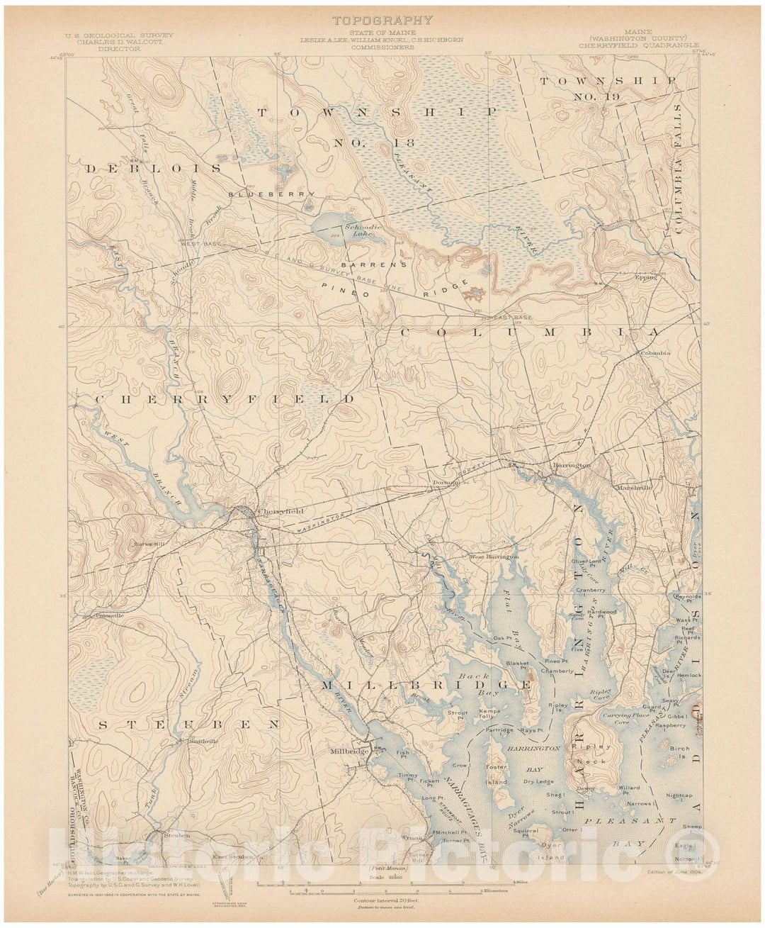 Historic Map : Atlas of Maine 1905, Cherryfield & Columbia & Harrington & Millbridge & Steuben 1905 Topographic Map , Vintage Wall Art