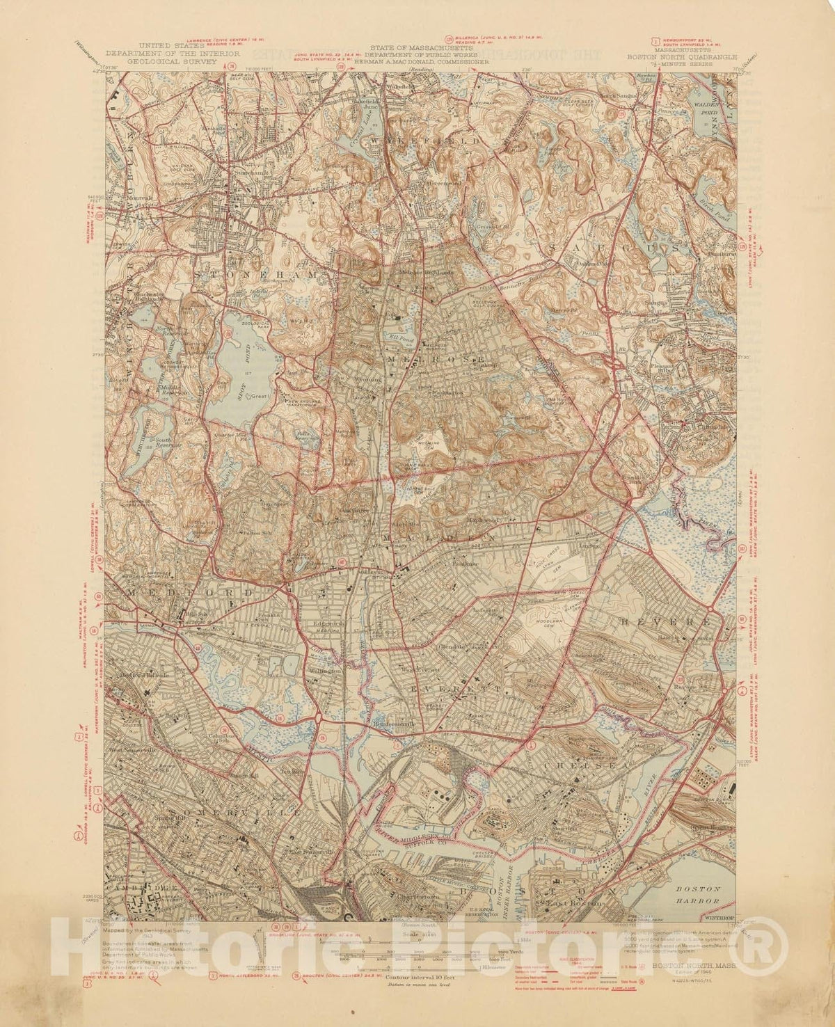 Historic Map : USGS 7.5 Minute Sheets and Quadrangles, Everett & Medford & Revere & Somerville 1946 Topographic Map , Vintage Wall Art