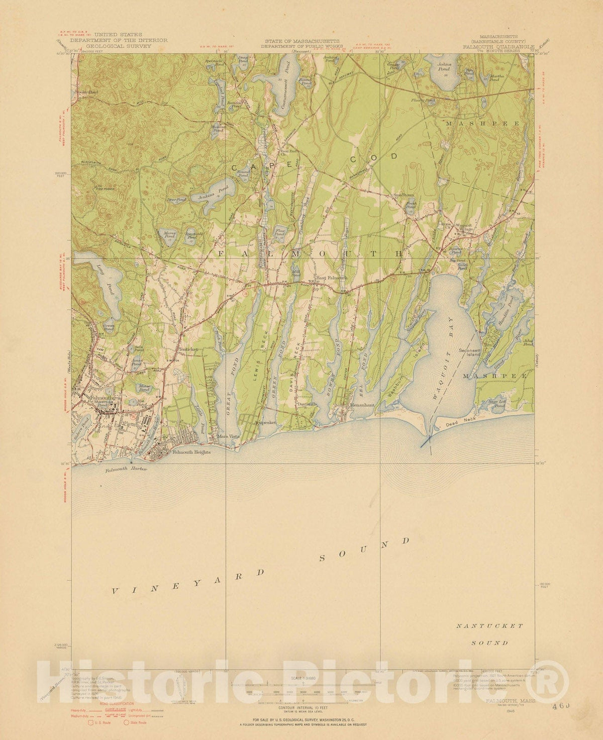 Historic Map : USGS 7.5 Minute Sheets and Quadrangles, Falmouth 1946 Topographic Map , Vintage Wall Art