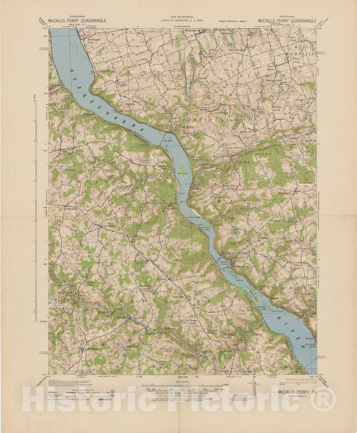 Historic Map : USGS 7.5 Minute Sheets and Quadrangles, Chanceford & Conestoga & Lower Chanceford & McCalls Ferry 1943 Topographic Map , Vintage Wall Art