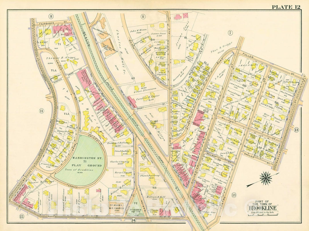 Historic Map : Atlas Town of Brookline, Norfolk County Massachusetts, Brookline 1913 Plate 012 , Vintage Wall Art