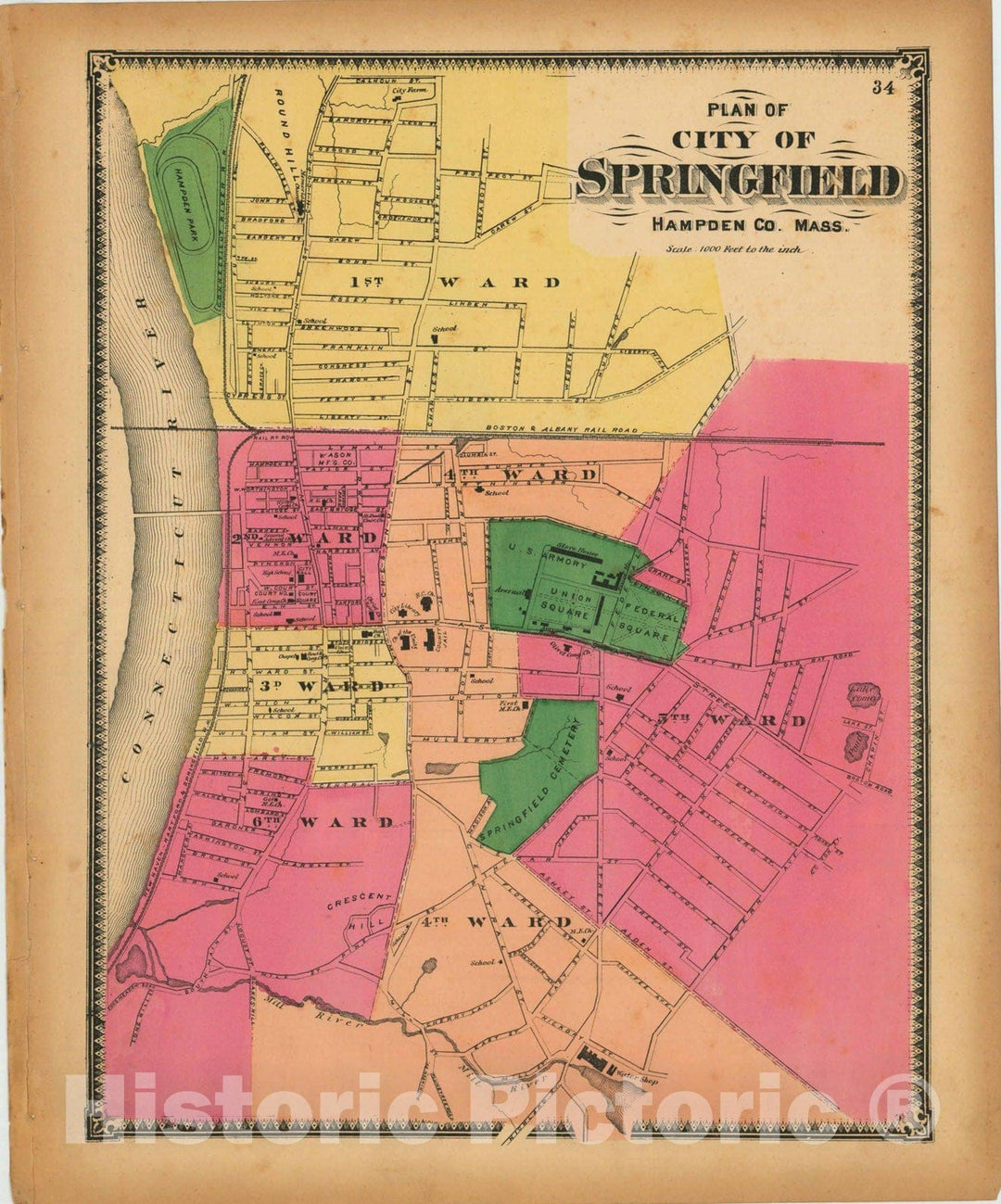 Historic Map : Atlas of Hampden County Massachusetts, Springfield 1870 , Vintage Wall Art