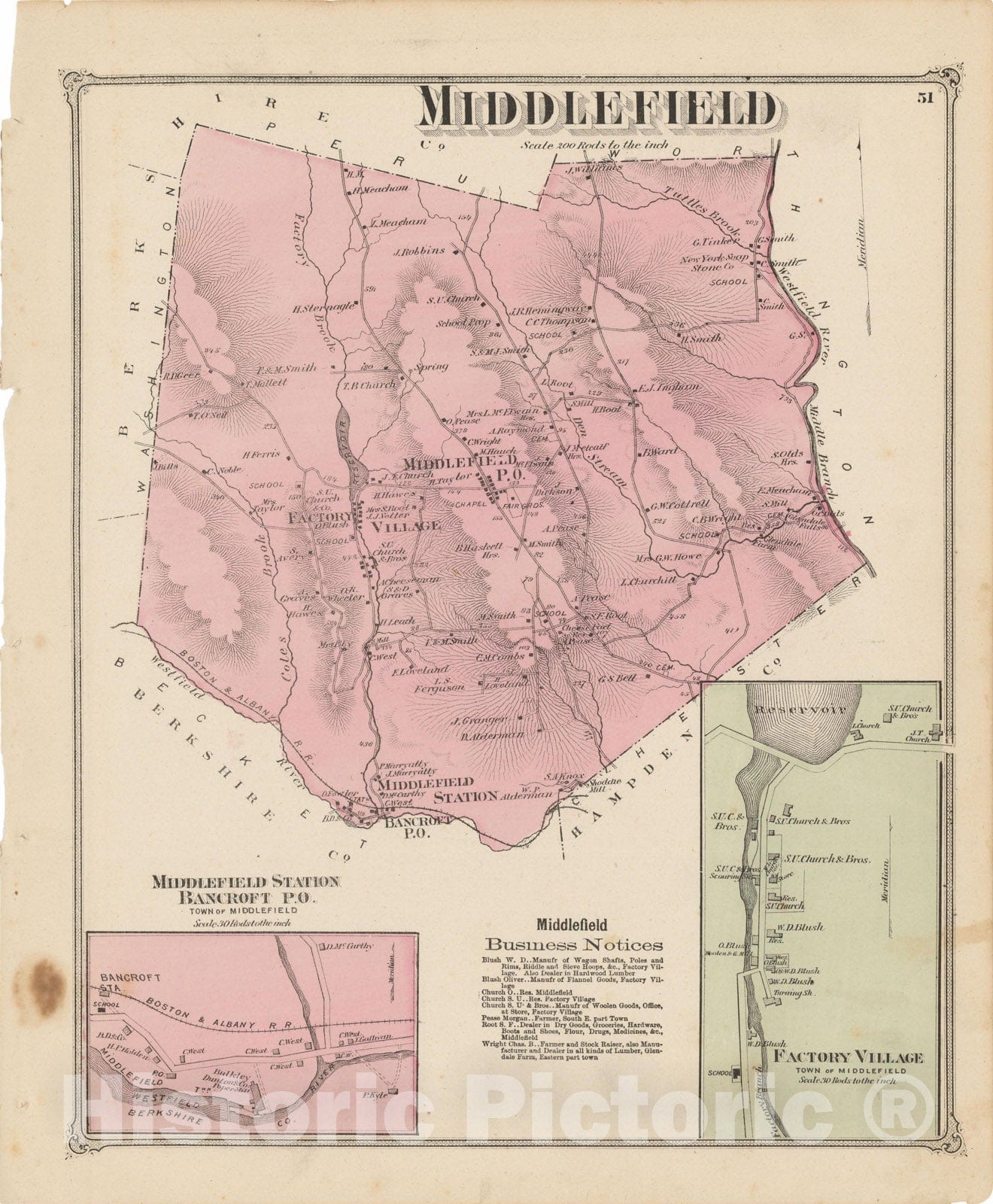 Historic Map : Atlas of Hampshire County Massachusetts, Middlefield 1873 , Vintage Wall Art