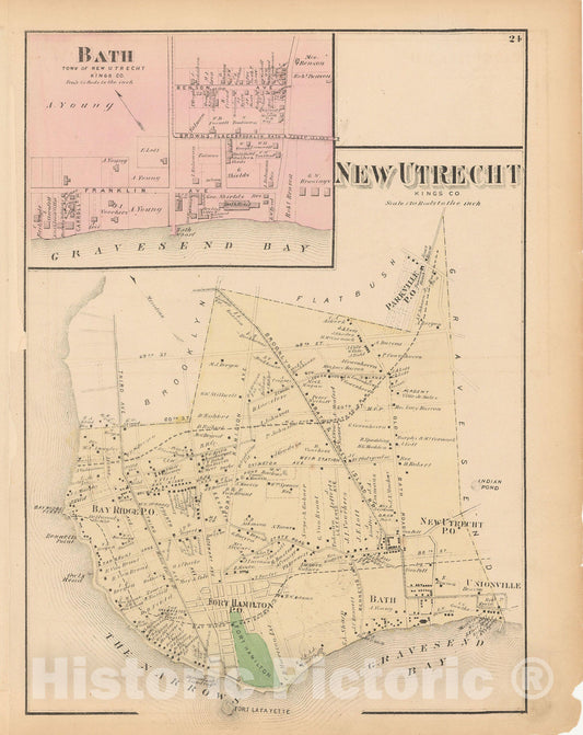 Historic Map : Atlas of Long Island, New York, New Utrecht 1873 , Vintage Wall Art