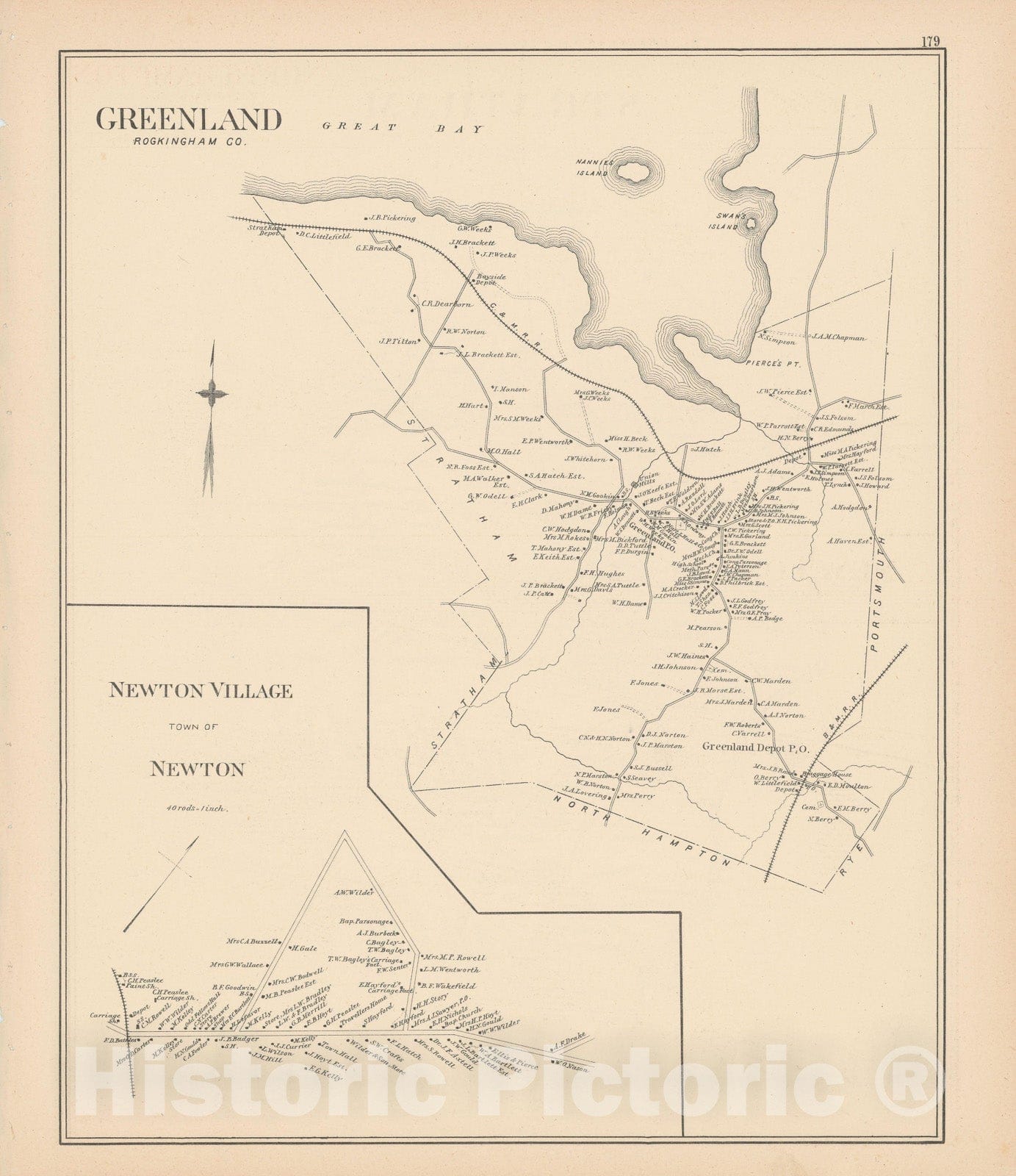 Historic Map : Greenland & Newton 1892 , Town and City Atlas State of New Hampshire , Vintage Wall Art