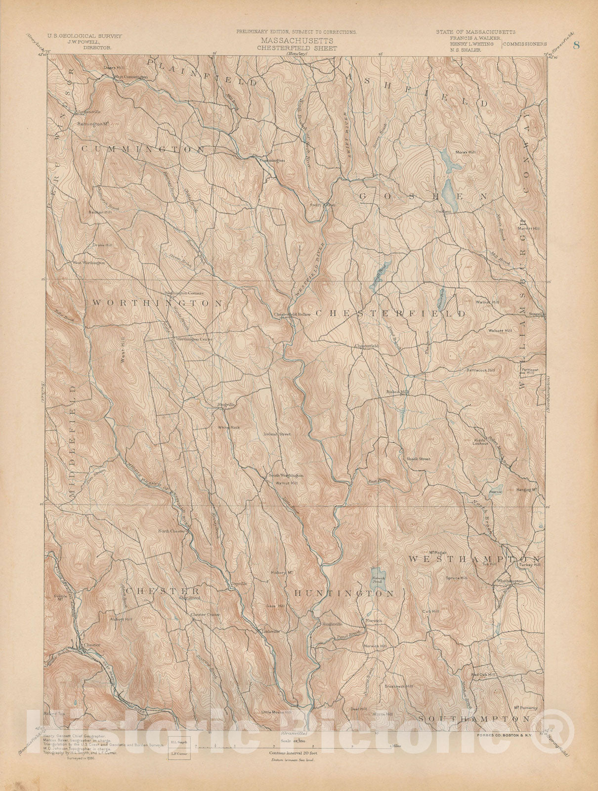 Historic Map : Atlas of Massachusetts,, Chester & Chesterfield & Cummington & Goshen & Huntington & Worthington 1890 Page 008 , Vintage Wall Art
