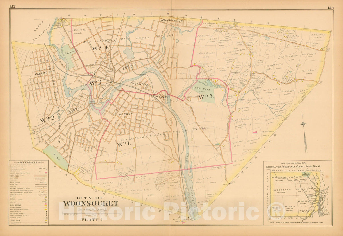Historic Map : New Topographical Atlas of Surveys, Providence County, Woonsocket 1891 Plate 001 , Vintage Wall Art