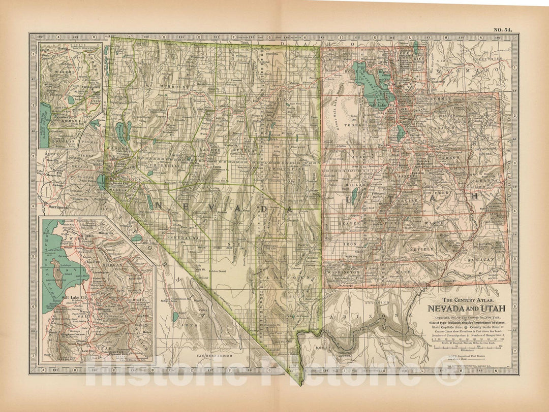 Historic Map : Nevada & Utah 1897 , The Century Atlas World , Vintage Wall Art