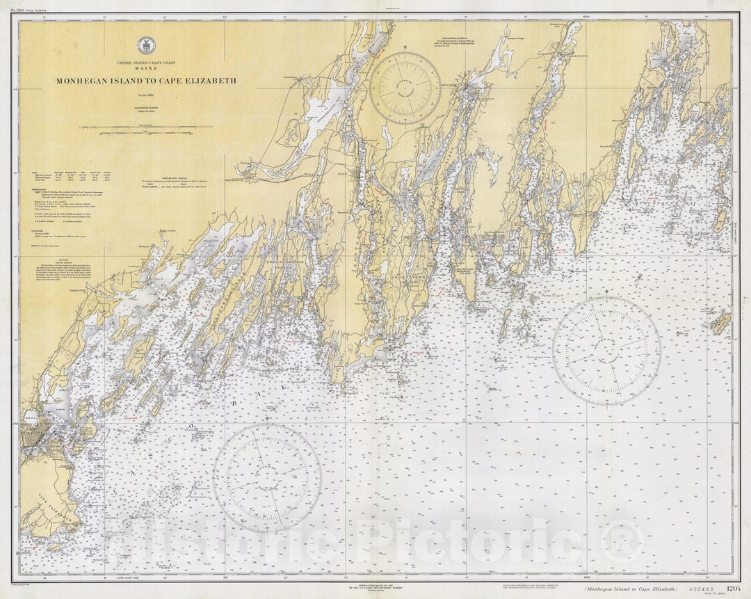 Historic Map : Coastal Charts - Maine: Monhegan Island to Cape Elizabeth 1943 , Vintage Wall Art