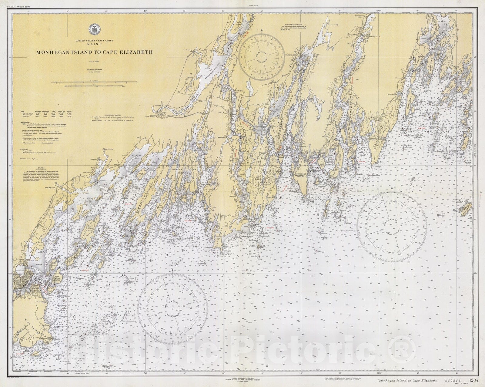 Historic Map : Coastal Charts - Maine: Monhegan Island to Cape Elizabeth 1943 , Vintage Wall Art
