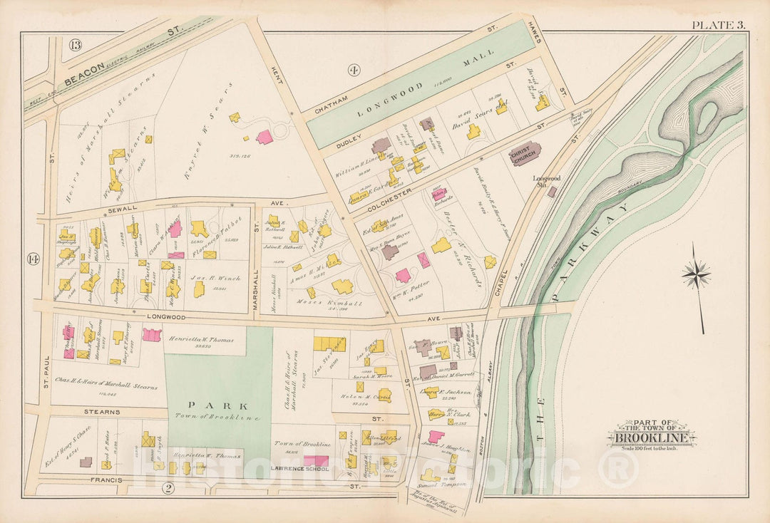 Historic Map : Atlas Town of Brookline, Brookline 1893 Plate 003 , Vintage Wall Art