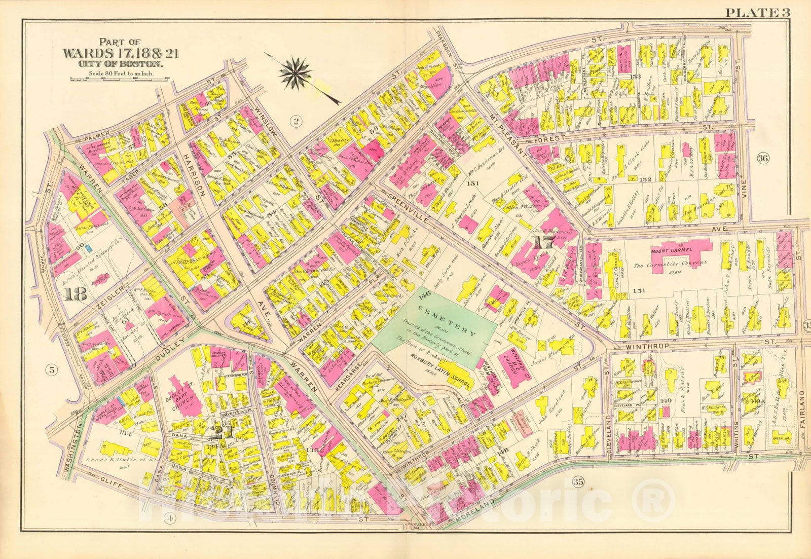 Historic Map : Atlas City of Boston, Roxbury, Roxbury 1906 Plate 003 , Vintage Wall Art