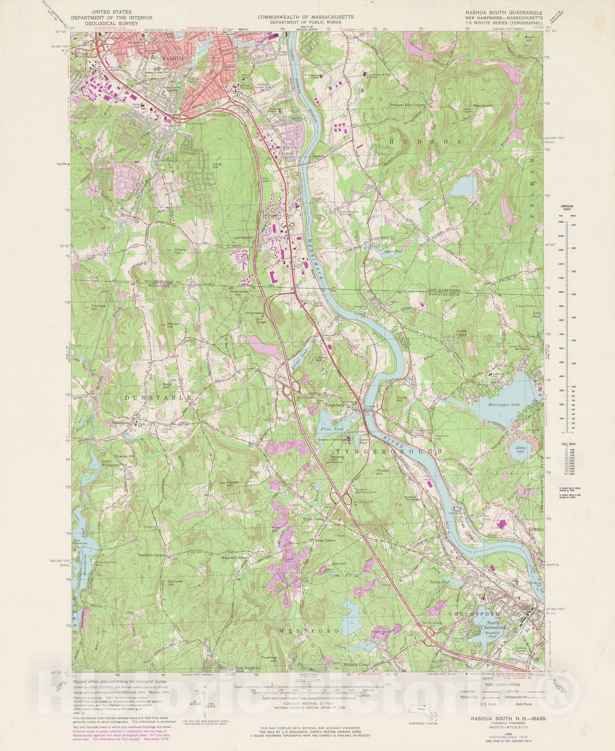 Historic Map : USGS 7.5 Minute Sheets and Quadrangles, Chelmsford & Dunstable & Hudson & Nashua & Tyngsborough 1979 Topographic Map , Vintage Wall Art