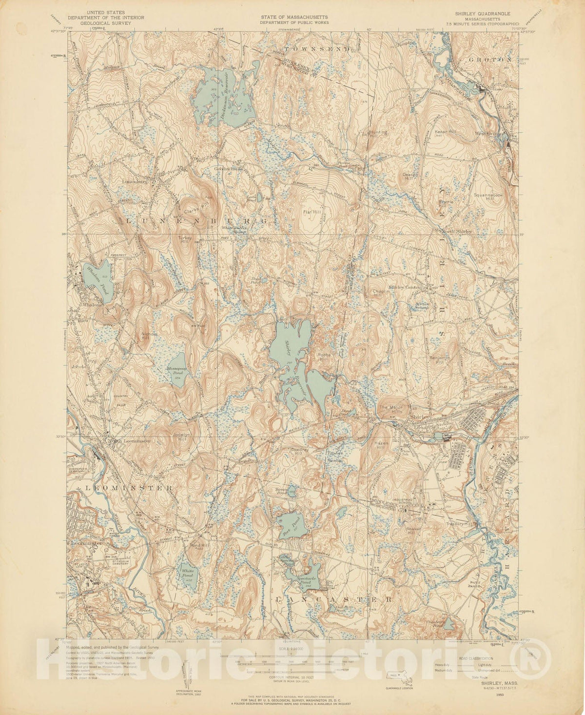 Historic Map : USGS 7.5 Minute Sheets and Quadrangles, Leominster & Lunenburg & Shirley 1950 Topographic Map , Vintage Wall Art