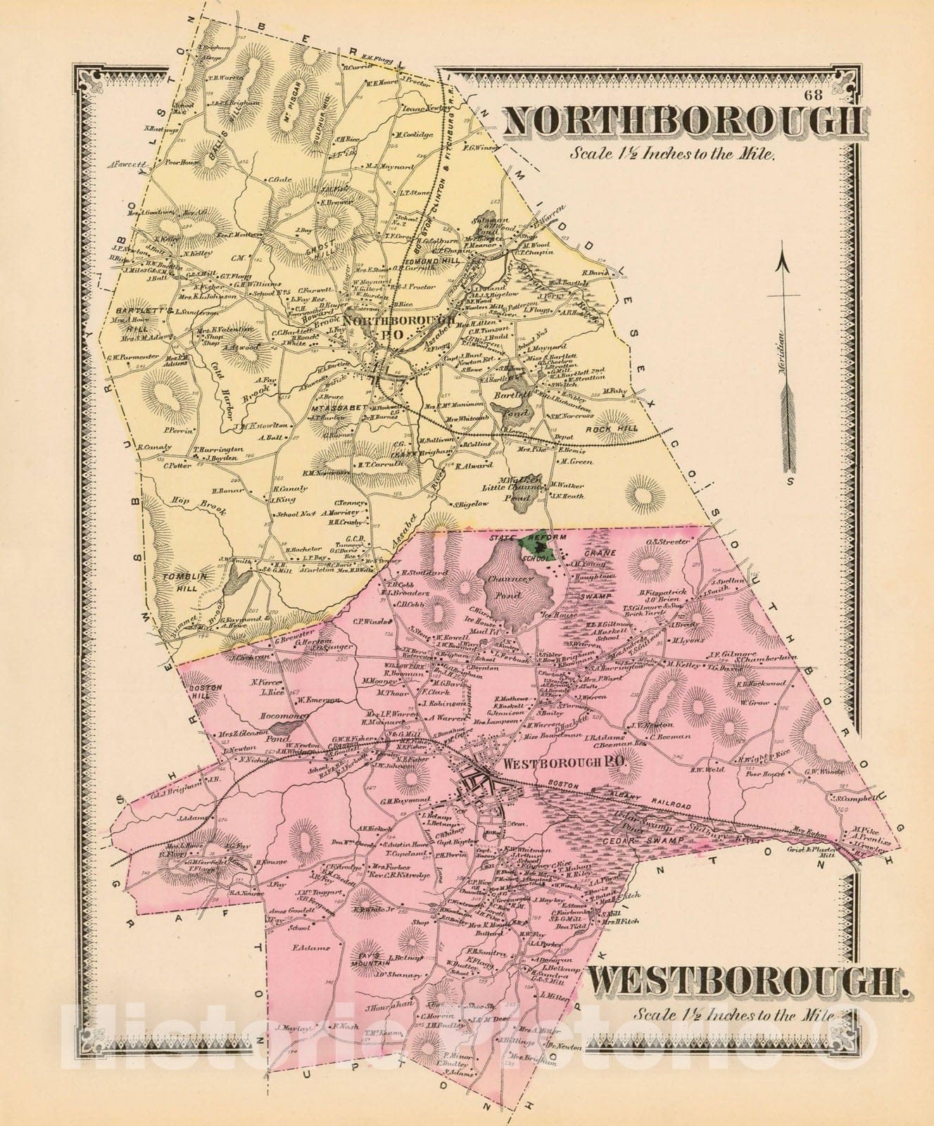Historic Map : Atlas of Worcester County, Massachsuetts, Northborough & Westborough 1870 , Vintage Wall Art
