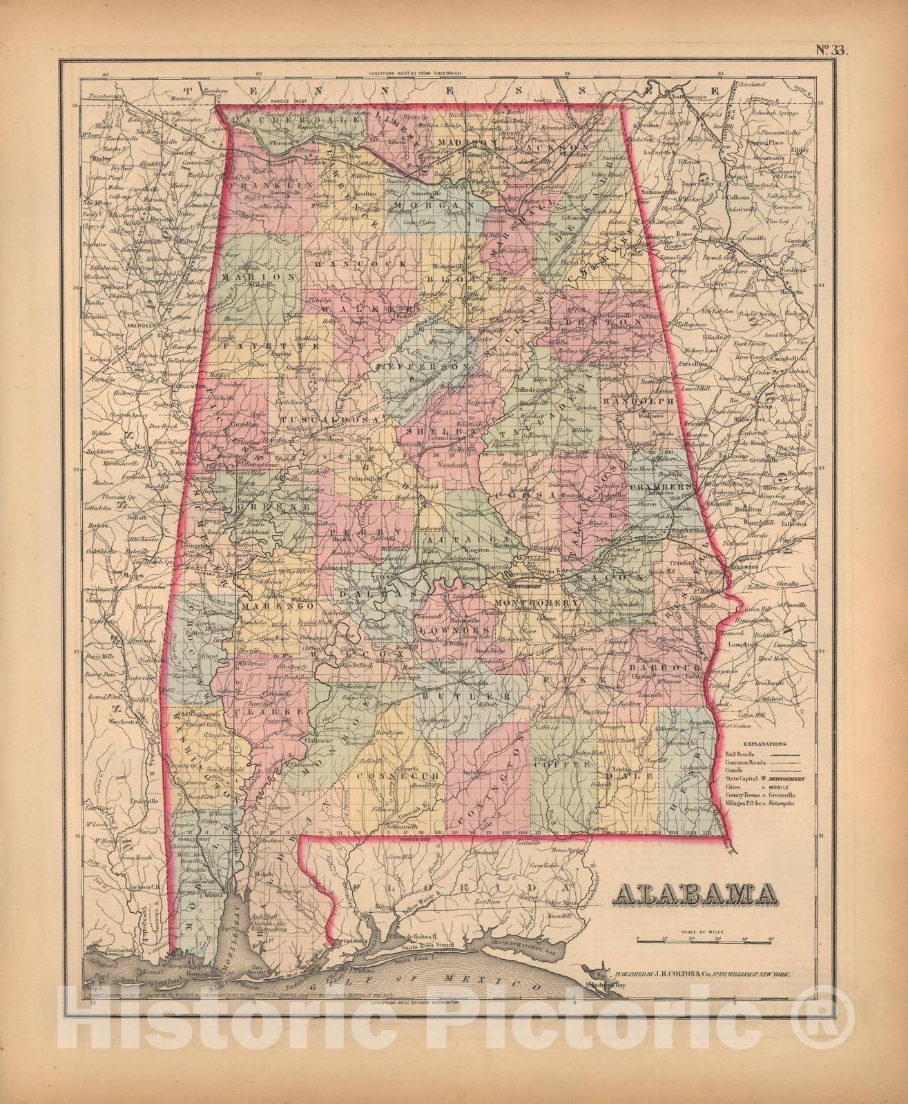 Historic Map : Alabama 1857 , General Atlas (Of The World) , Vintage Wall Art