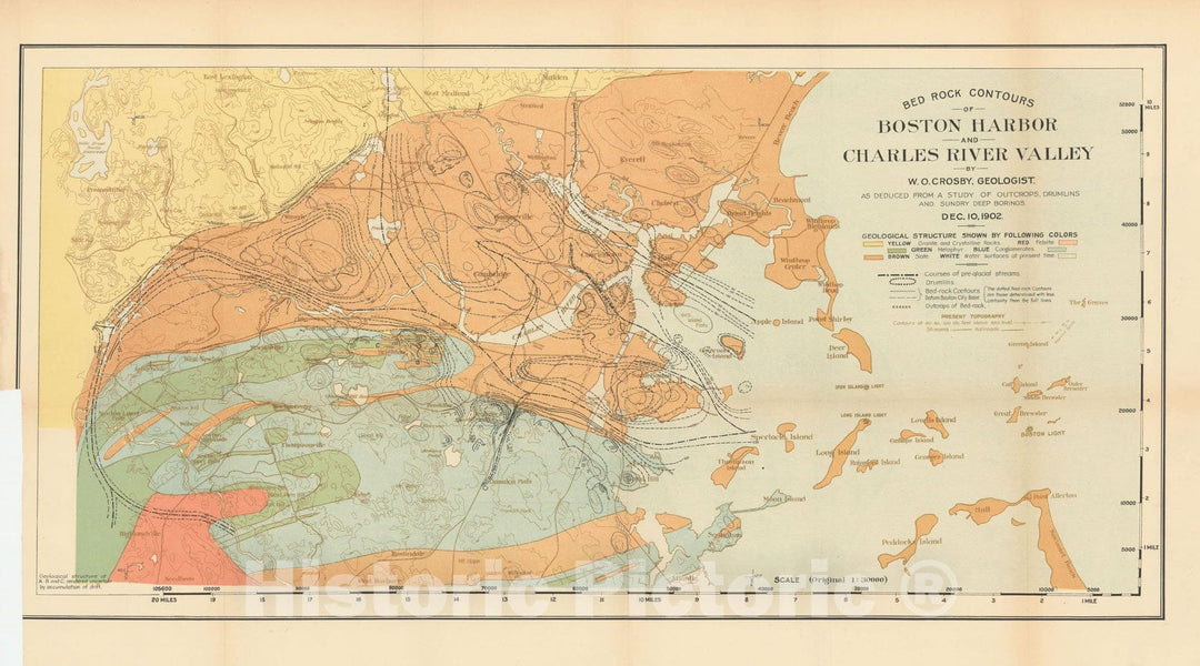 Historic Map : Bedrock Contours of Charles River Basin 1902 Charles River Dam Report , Vintage Wall Art