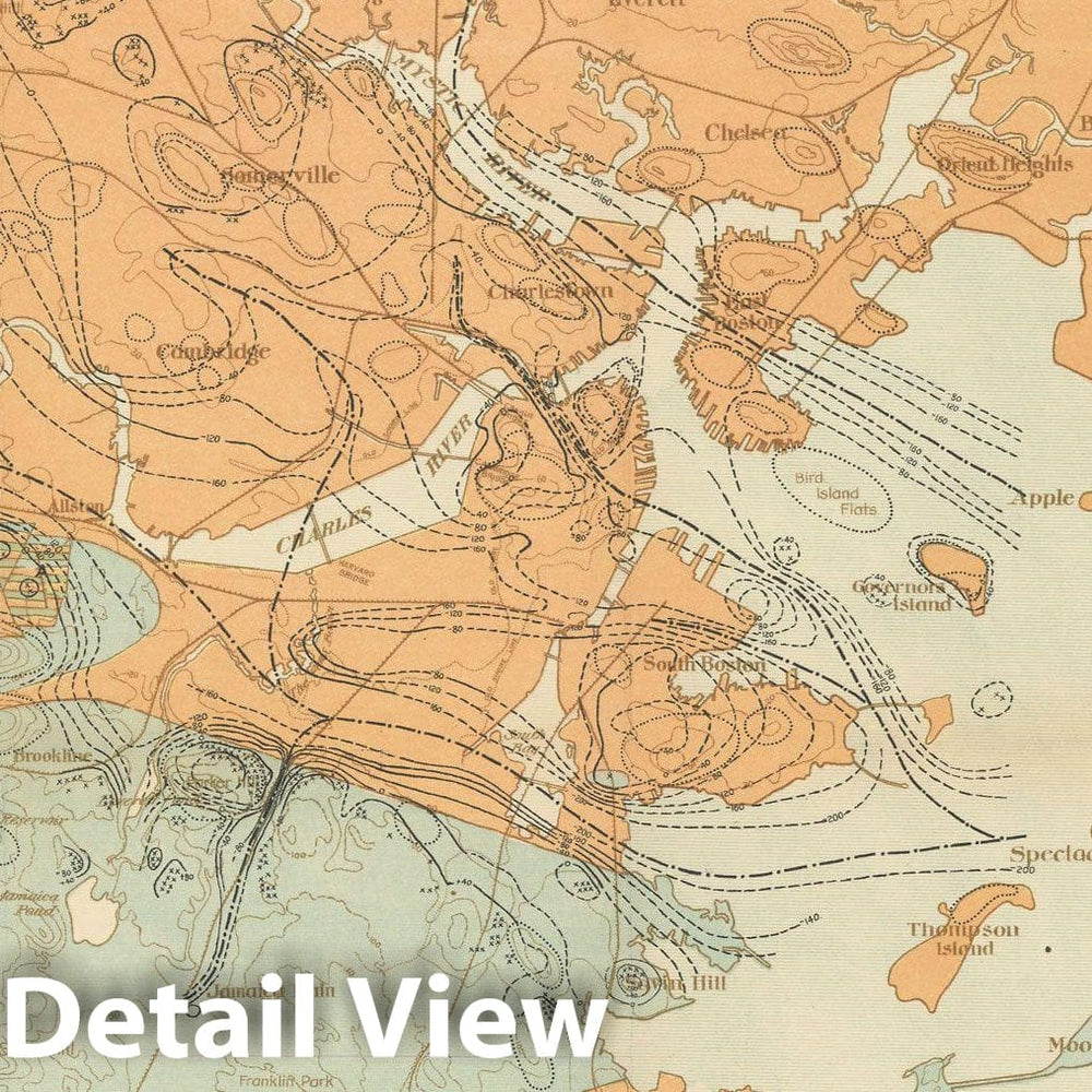 Historic Map : Bedrock Contours of Charles River Basin 1902 Charles River Dam Report , Vintage Wall Art