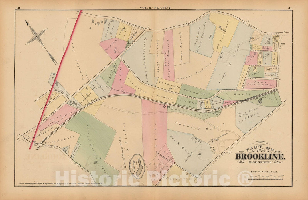 Historic Map : Atlas Town of Brookline, Brookline 1874 Plate I , Vintage Wall Art