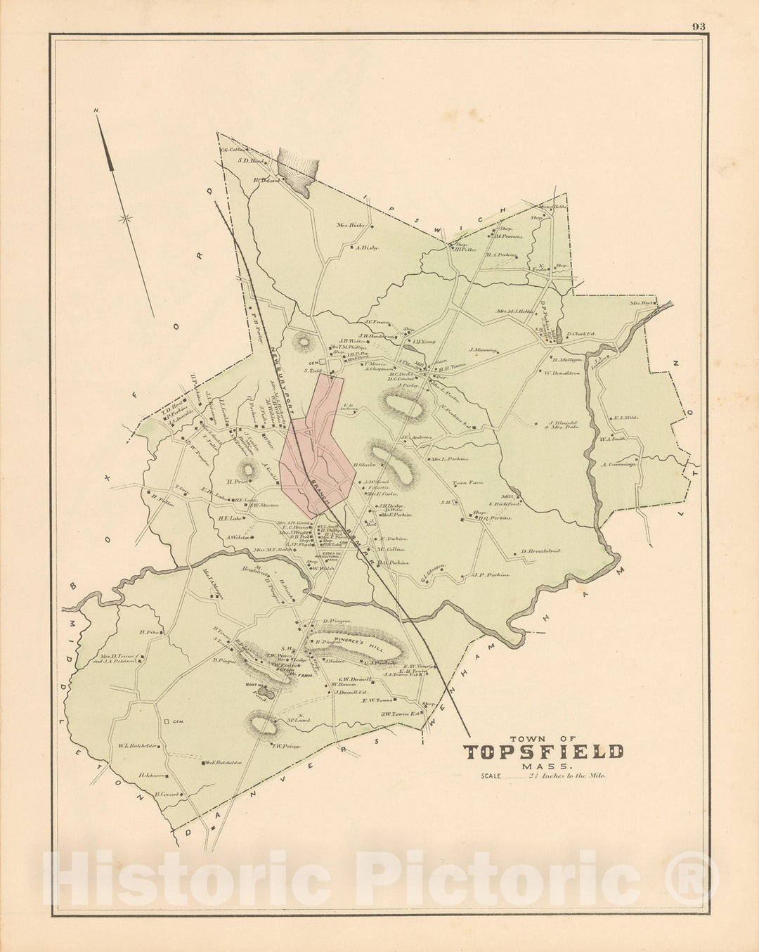 Historic Map : Atlas of Essex County, Topsfield 1884 , Vintage Wall Art