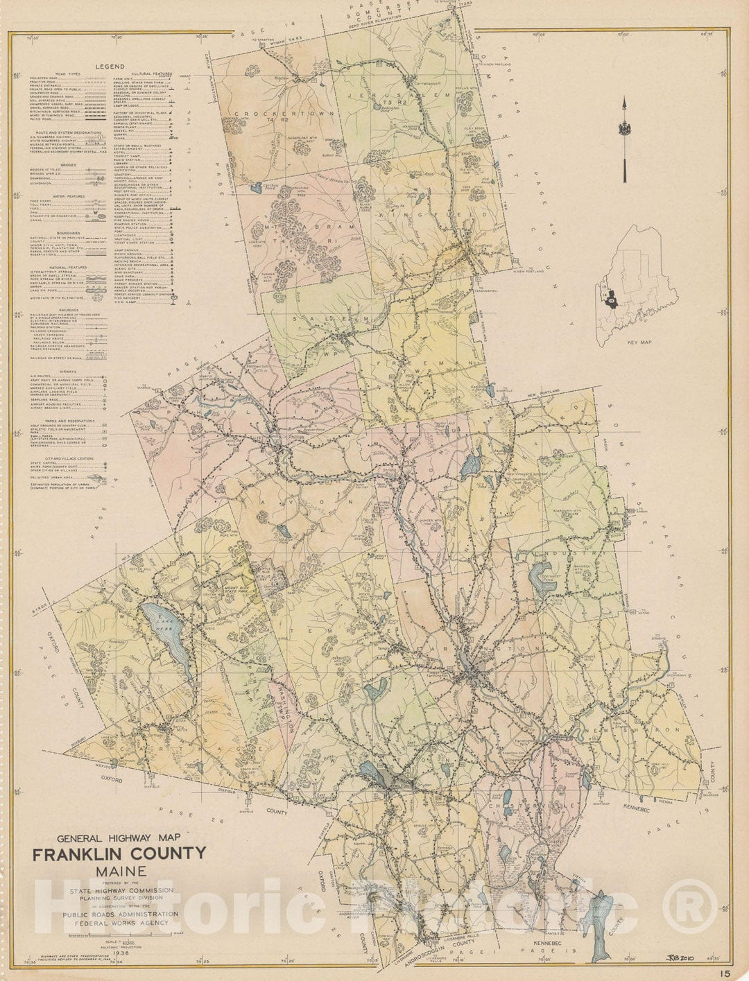Historic Map : Maine General Highway County Maps, Franklin 1938 Plate 015 , Vintage Wall Art
