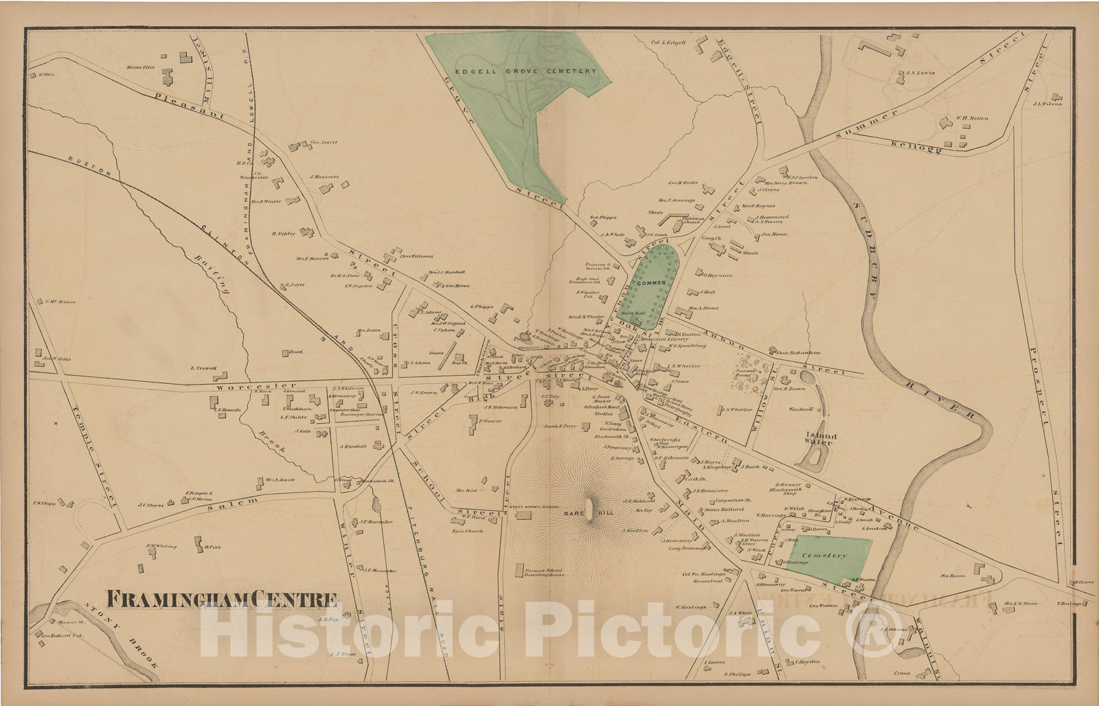 Historic Map : Official Topographical Atlas of Massachusetts, Framingham 1871 , Vintage Wall Art