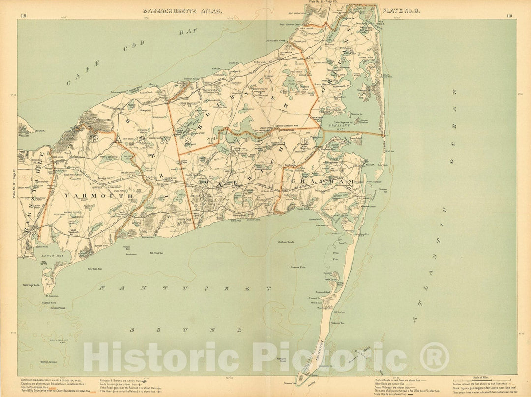 Historic Map : Atlas of Massachusetts, Brewster & Cape Cod & Chatham & Dennis & Harwich & Orleans & Yarmouth 1904 Plate 009 , Vintage Wall Art