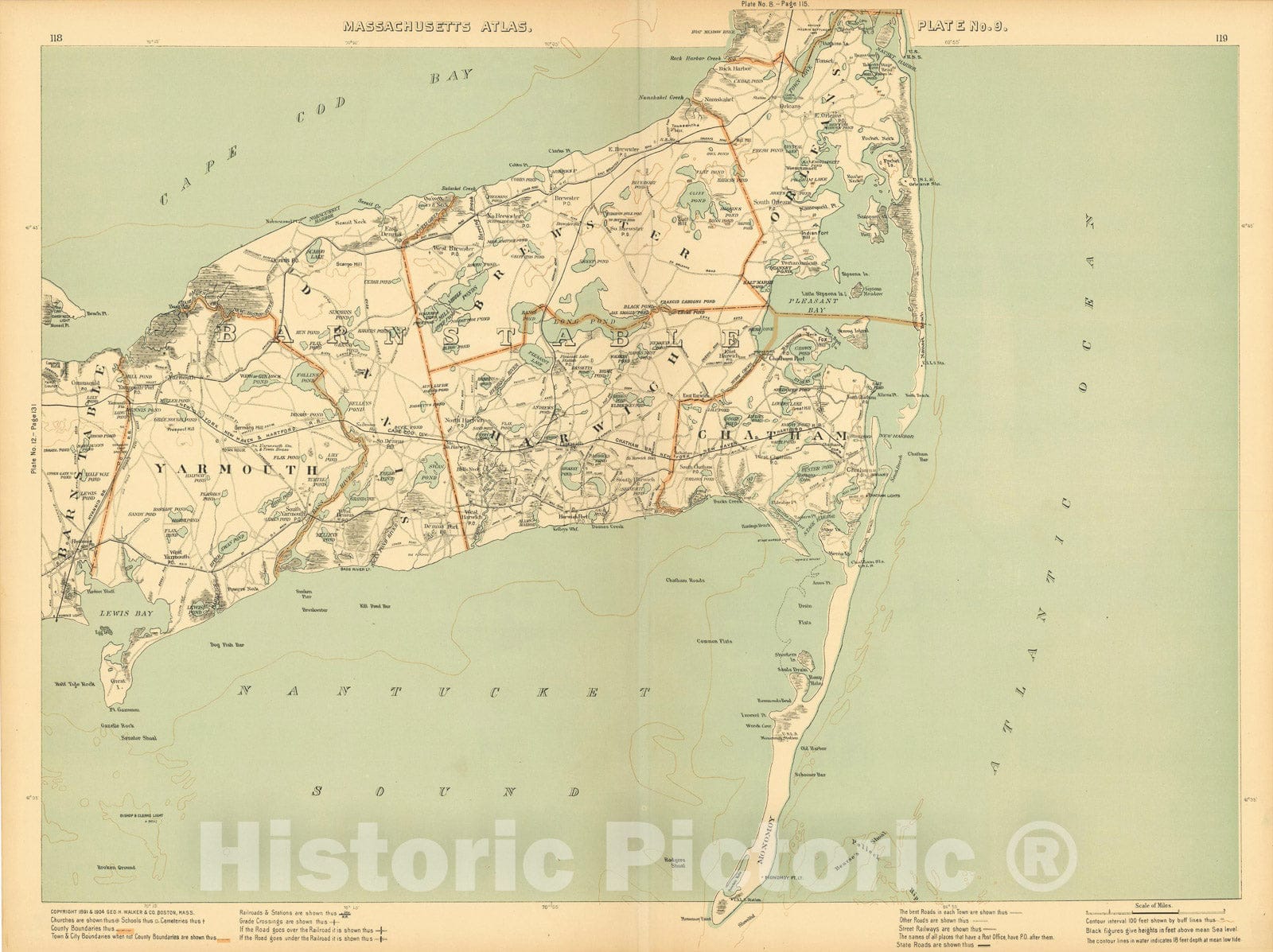 Historic Map : Atlas of Massachusetts, Brewster & Cape Cod & Chatham & Dennis & Harwich & Orleans & Yarmouth 1904 Plate 009 , Vintage Wall Art
