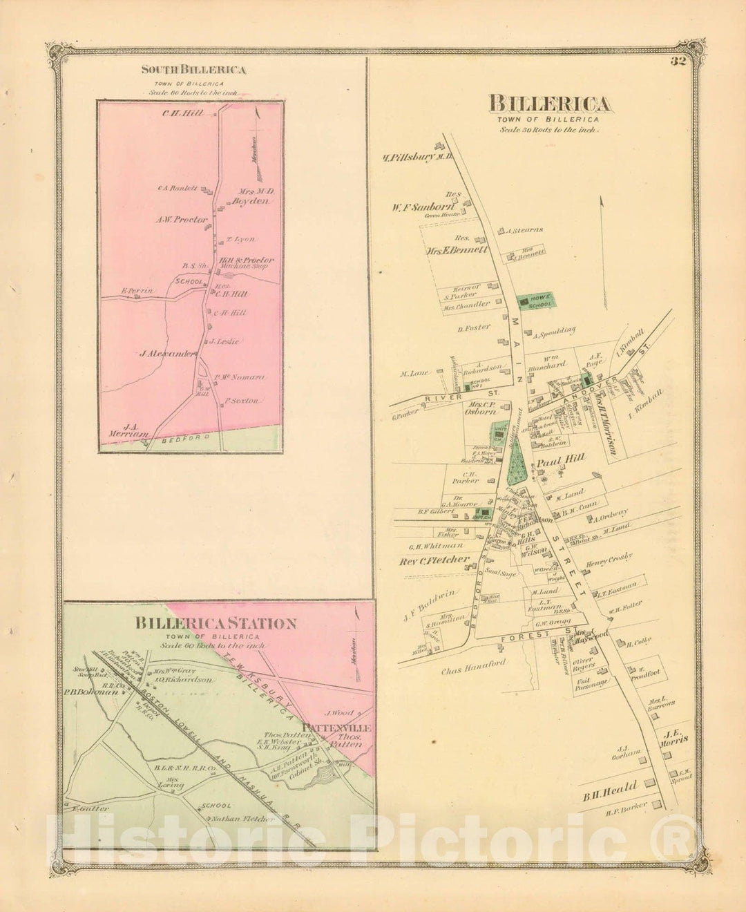 Historic Map : County Atlas of Middlesex Massachusetts, Billerica 1875 , Vintage Wall Art