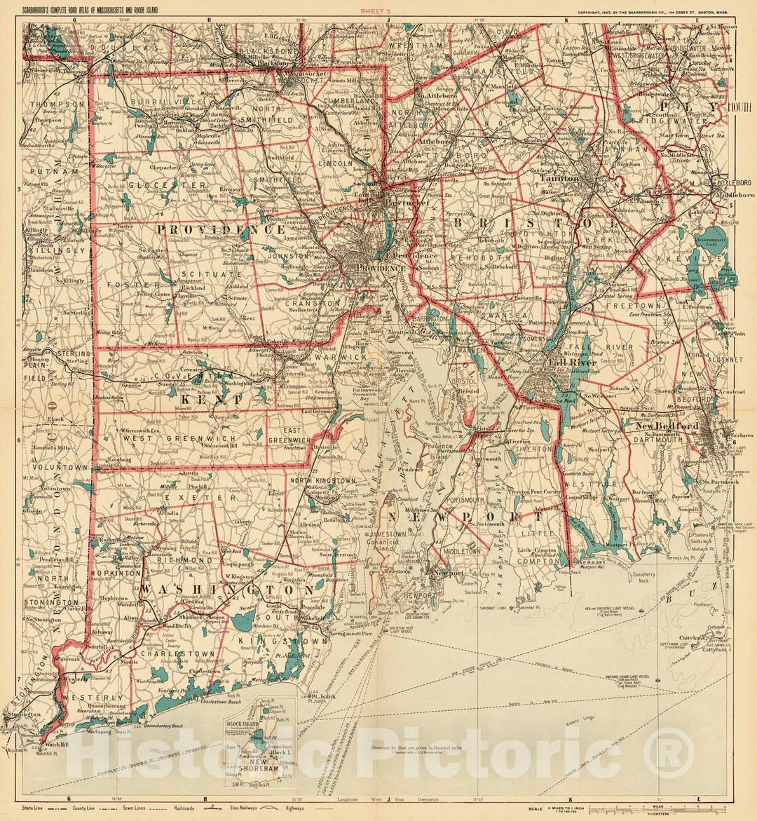 Historic Map : Complete Road Atlas of Massachusetts and Rhode Island, Rhode Island and Southern Massachusetts 1905 , Vintage Wall Art