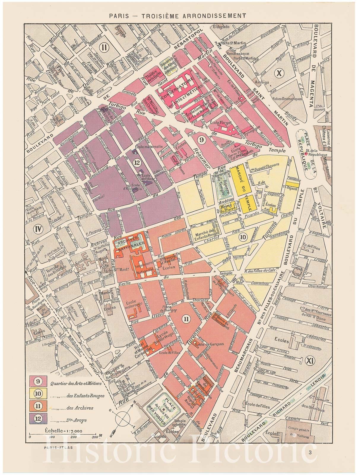 Historic Map : Europe, Paris 1900 3rd Arrondissement , Vintage Wall Art
