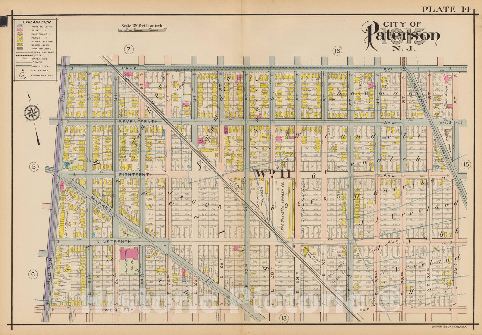 Historic Map : Atlas City of Paterson, New Jersey, Paterson 1915 Plate 014 , Vintage Wall Art