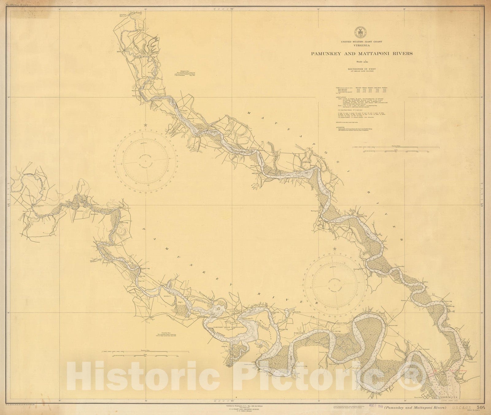 Historic Map : Coastal Charts - Virginia: Pamunkey R and Mattaponi R 1947 , Vintage Wall Art