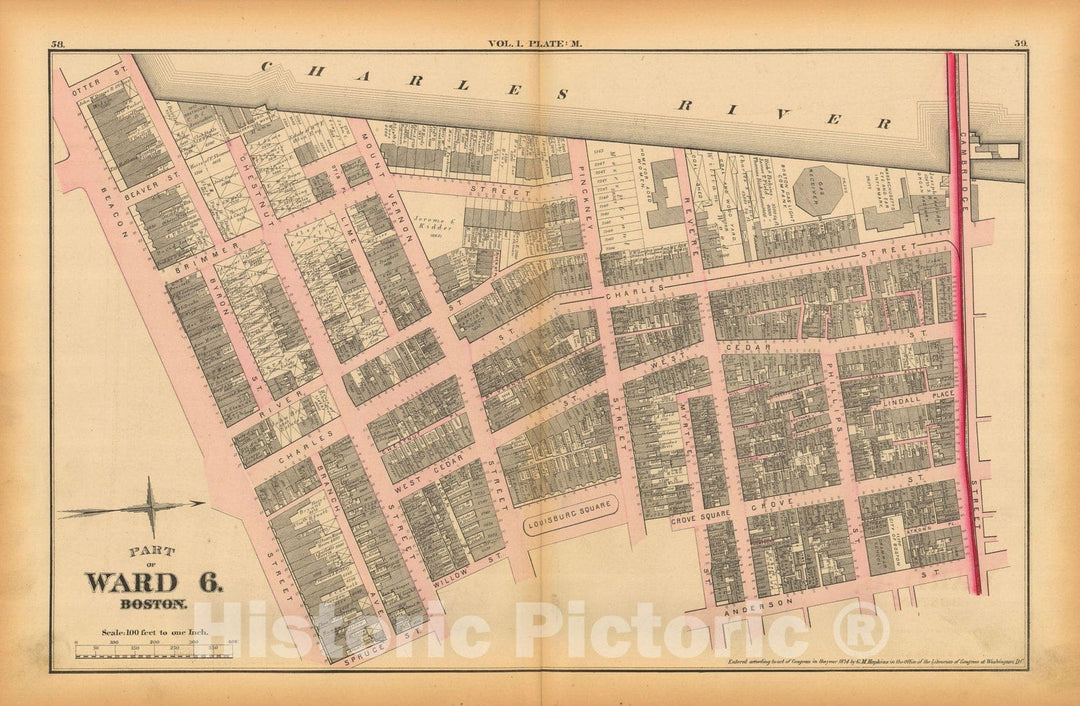 Historic Map : Atlas of County of Suffolk, MA Vol. 1 including Boston Proper, Boston 1874 Plate M , Vintage Wall Art