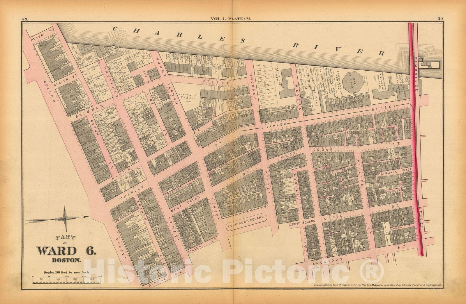 Historic Map : Atlas of County of Suffolk, MA Vol. 1 including Boston Proper, Boston 1874 Plate M , Vintage Wall Art
