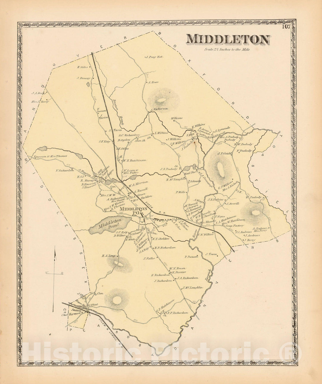 Historic Map : Atlas of Essex County Massachusetts, Middleton 1872 , Vintage Wall Art