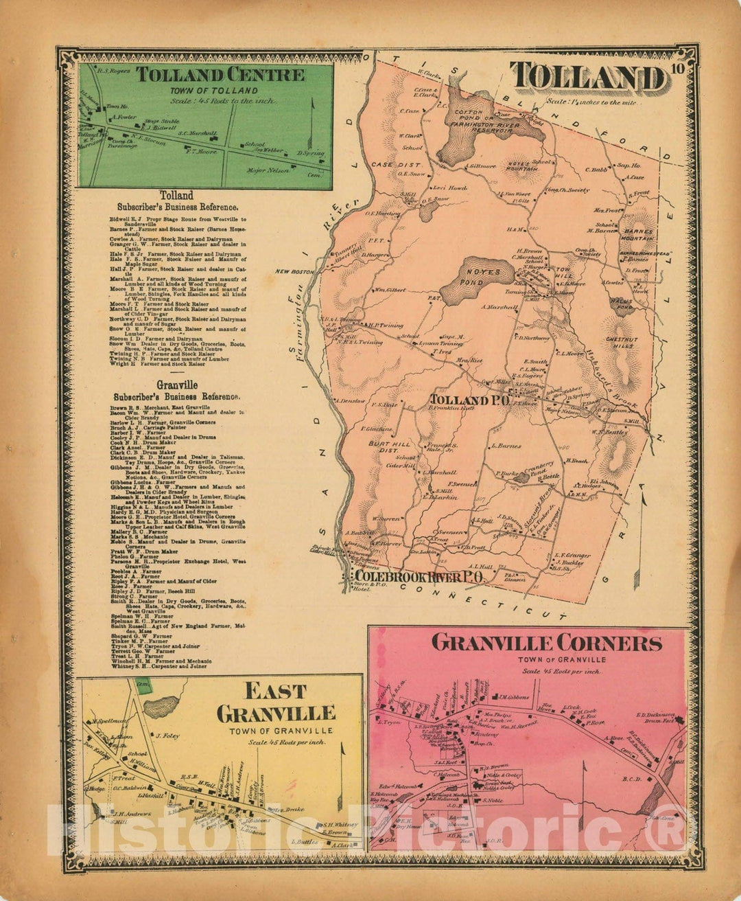 Historic Map : Atlas of Hampden County Massachusetts, Tolland 1870 , Vintage Wall Art