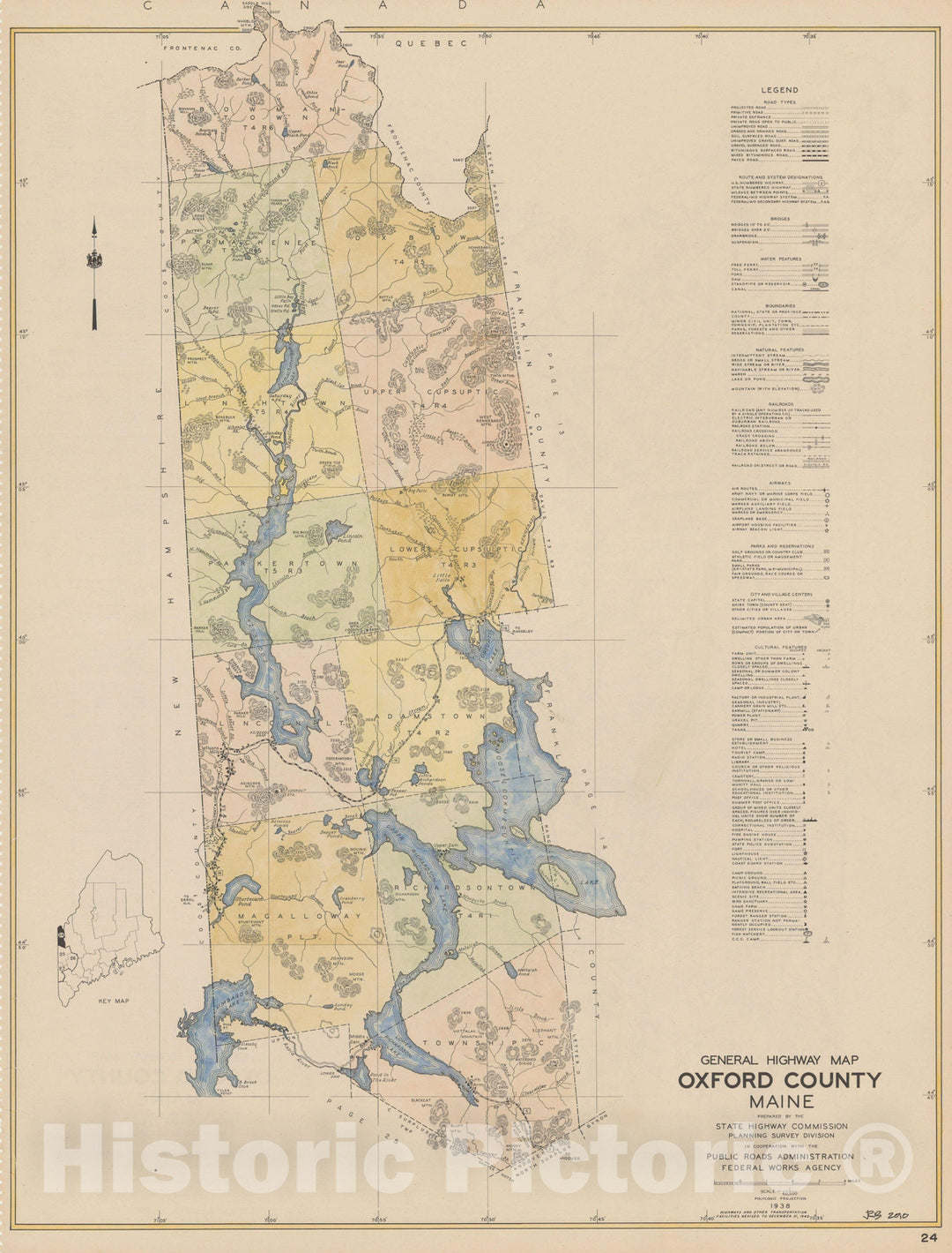 Historic Map : Maine General Highway County Maps, Oxford 1938 Plate 024 , Vintage Wall Art