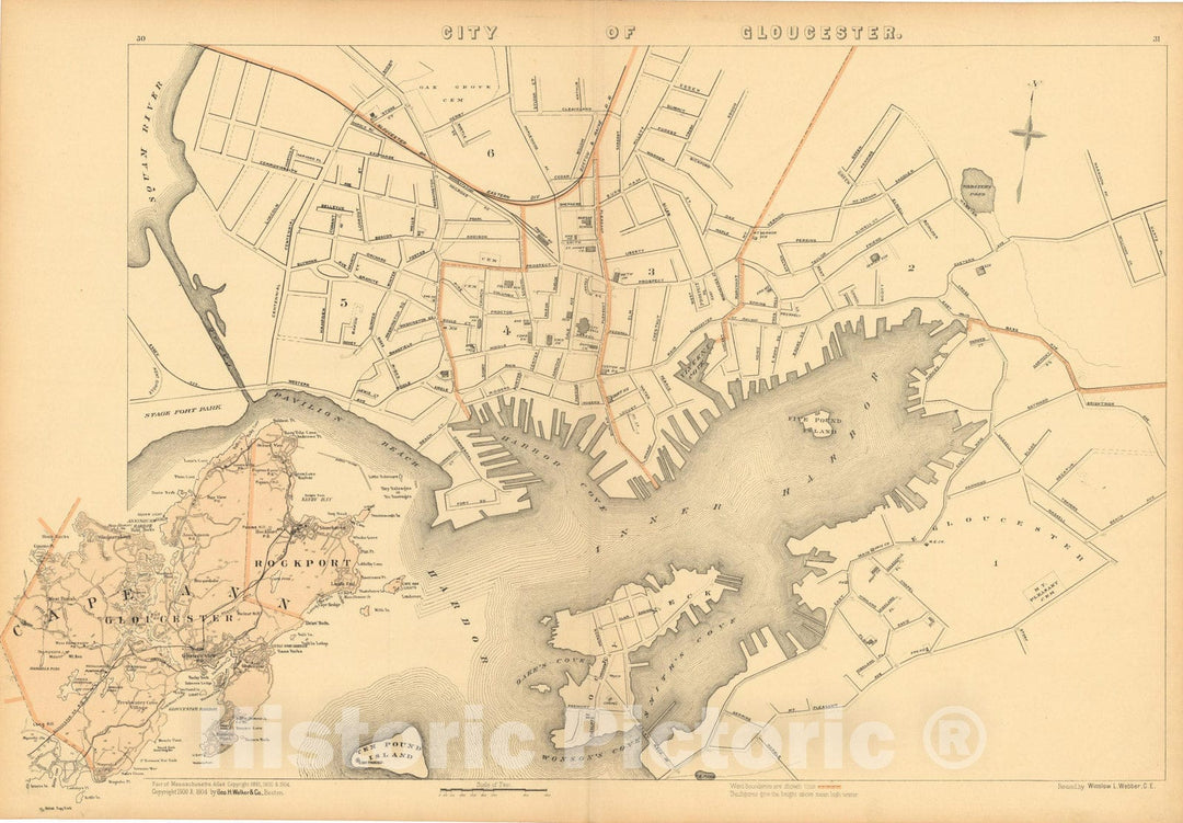 Historic Map : Atlas of Massachusetts, Gloucester 1904 , Vintage Wall Art