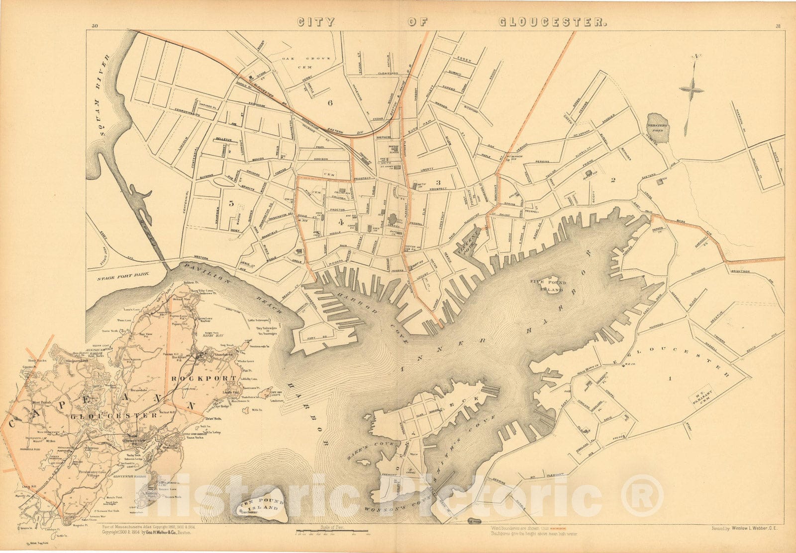 Historic Map : Atlas of Massachusetts, Gloucester 1904 , Vintage Wall Art