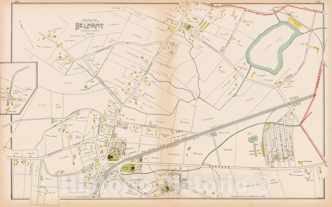 Historic Map : Atlas of Middlesex County, Massachusetts, Belmont 1889 , Vintage Wall Art