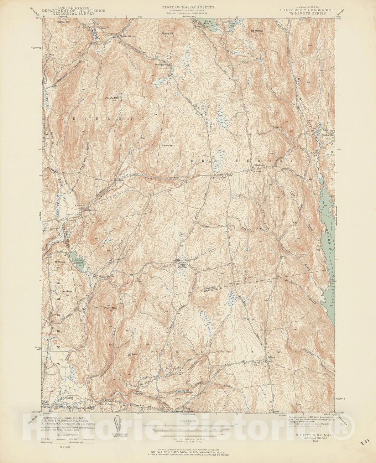 Historic Map : USGS 7.5 Minute Sheets and Quadrangles, Leverett & Pelham & Shutesbury 1950 Topographic Map , Vintage Wall Art