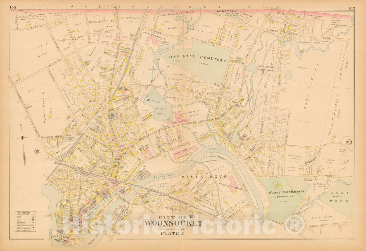 Historic Map : New Topographical Atlas of Surveys, Providence County, Woonsocket 1891 Plate 002 , Vintage Wall Art