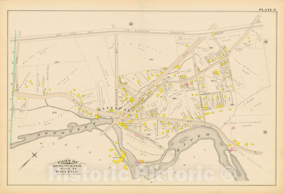 Historic Map : Atlas of Dorchester, Dorchester 1884 Plate P , Vintage Wall Art