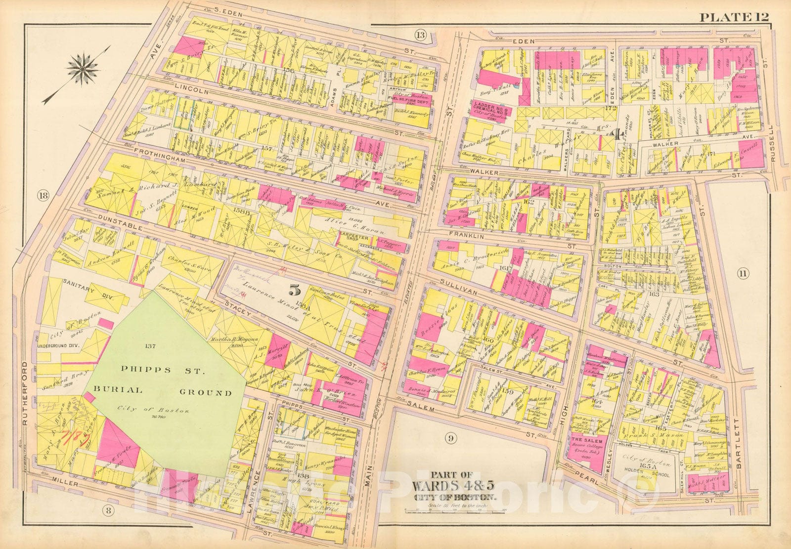 Historic Map : Atlas City of Boston: Charlestown and East Boston, Charlestown 1912 Plate 012 , Vintage Wall Art