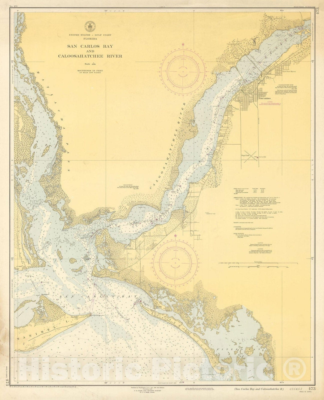 Historic Map : Coastal Charts - FL: San Carlos Bay and Caloosahatchee R. 1952 , Vintage Wall Art